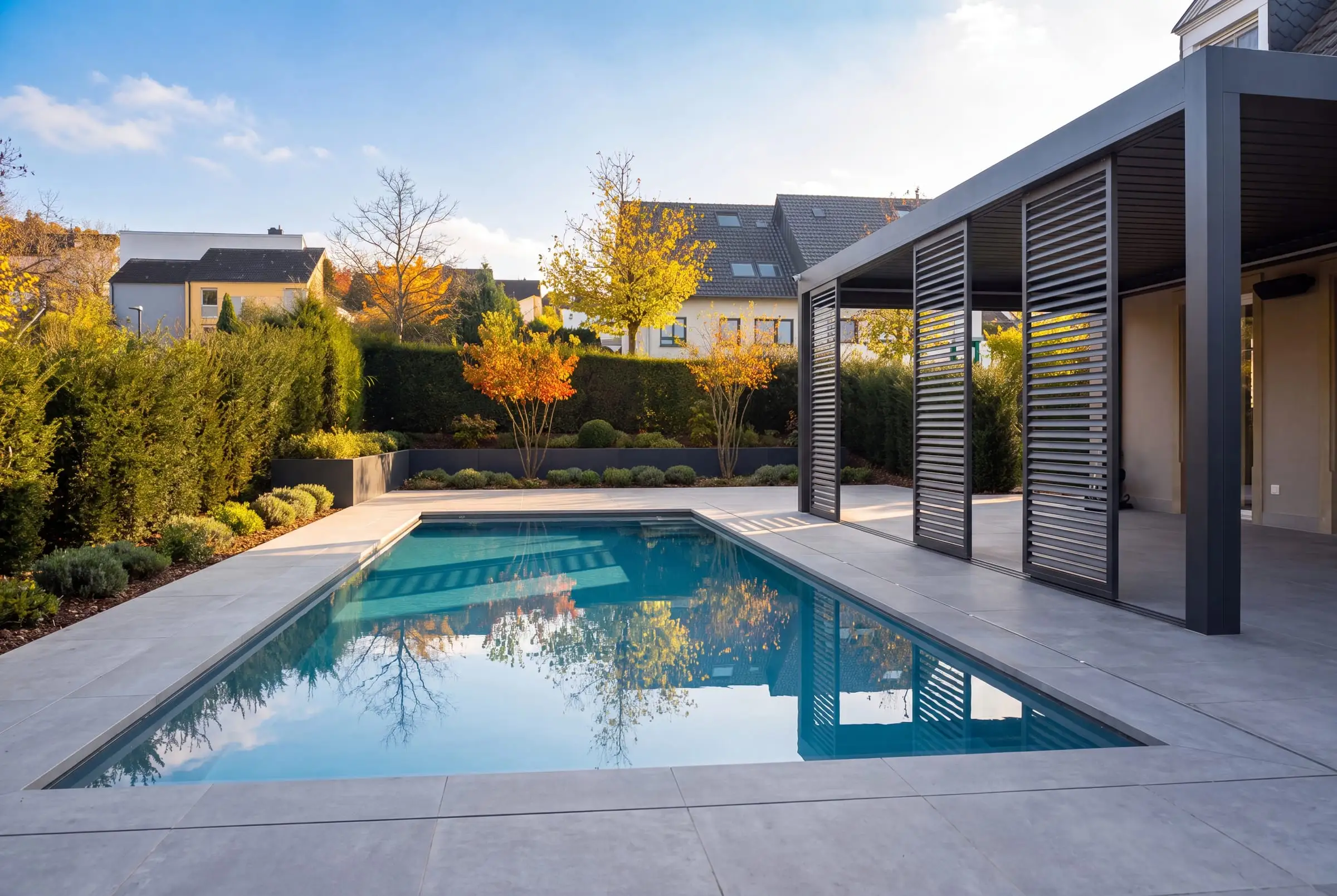 Moderne Poolterrasse mit Pergola von Landschaftsbau Schneider